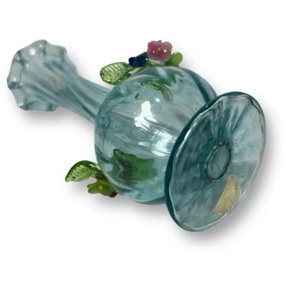 Vintage 40s Venetian Blue Blown Art Glass Vase Footed Bud 8 Inch Murano Italy